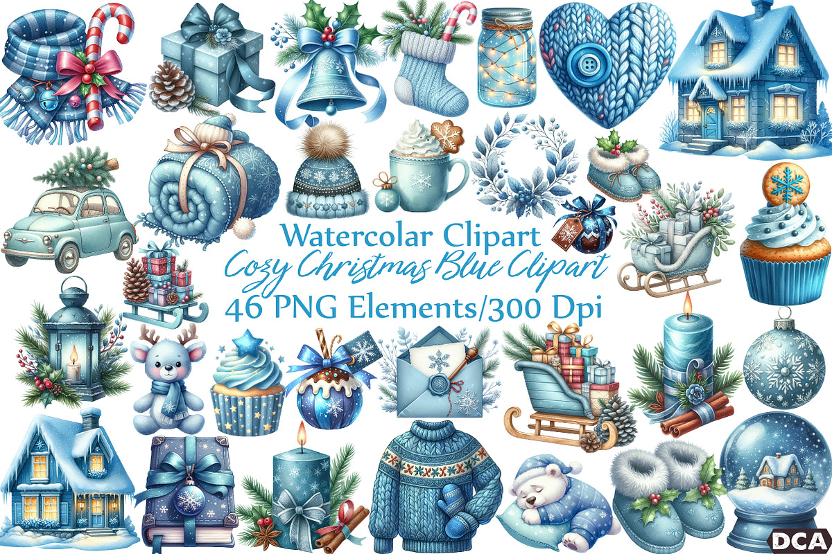 Cozy Christmas Blue Clipart, an Illustration by DreamCafeArt (Photo 1 of 7)