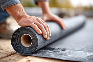 Hands rolling out black roofing material, a Sports & Recreation Photo by AlyaAnd