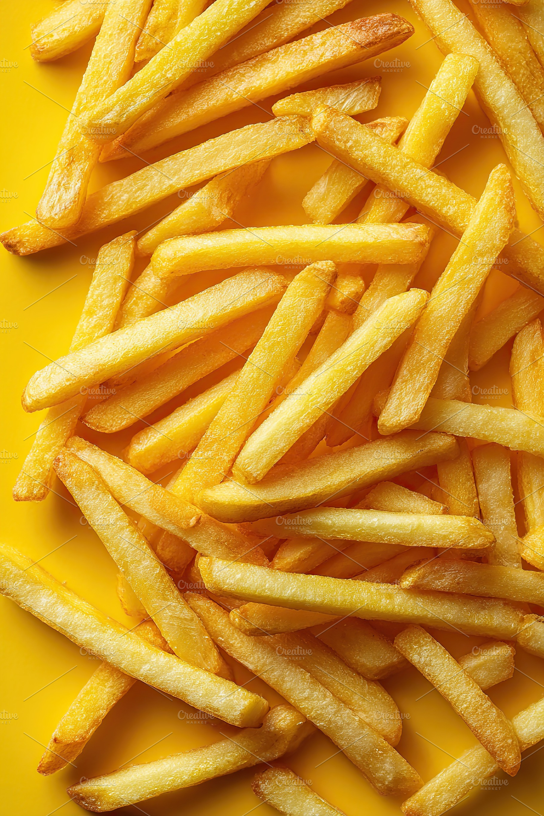 Delicious golden french fries on a bright yellow background ready for enjoyment, a Food & Drink Photo by AlyaAnd