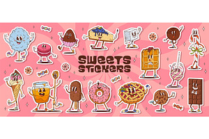 Stickers pack of retro groovy sweets, an Illustration by Buch&Bee