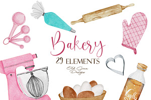 Watercolor Bakery Clipart, Kitchen