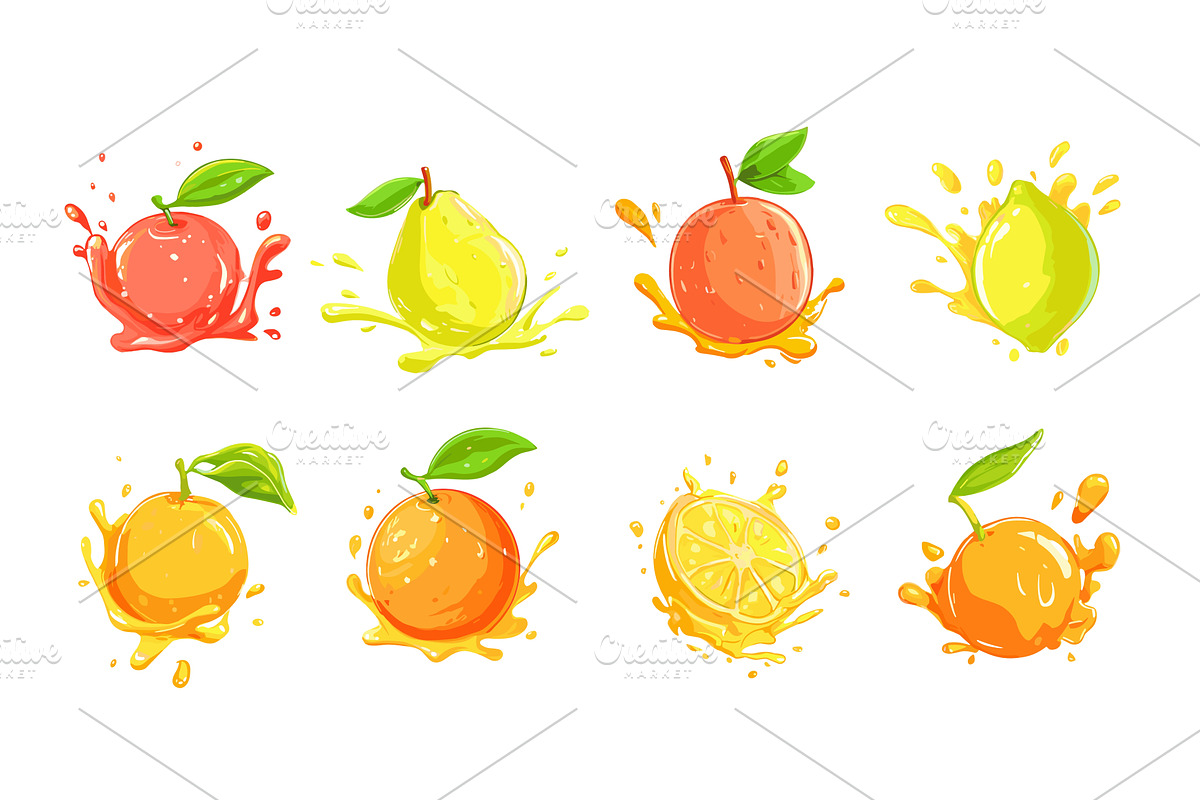Fruits in juice splashes. Isolated, a Food Illustration by Valerie Bodnar