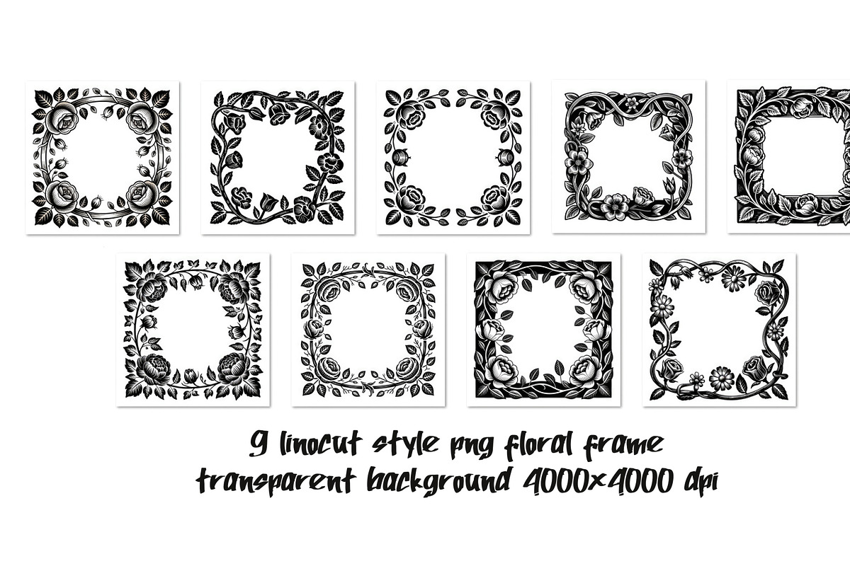 linocut floral frames, a Background Graphic by SketchArtStudio (Photo 1 of 3)