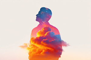 Human silhouette filled with vibrant clouds and cosmic elements representing dr, a Photo by AlyaAnd