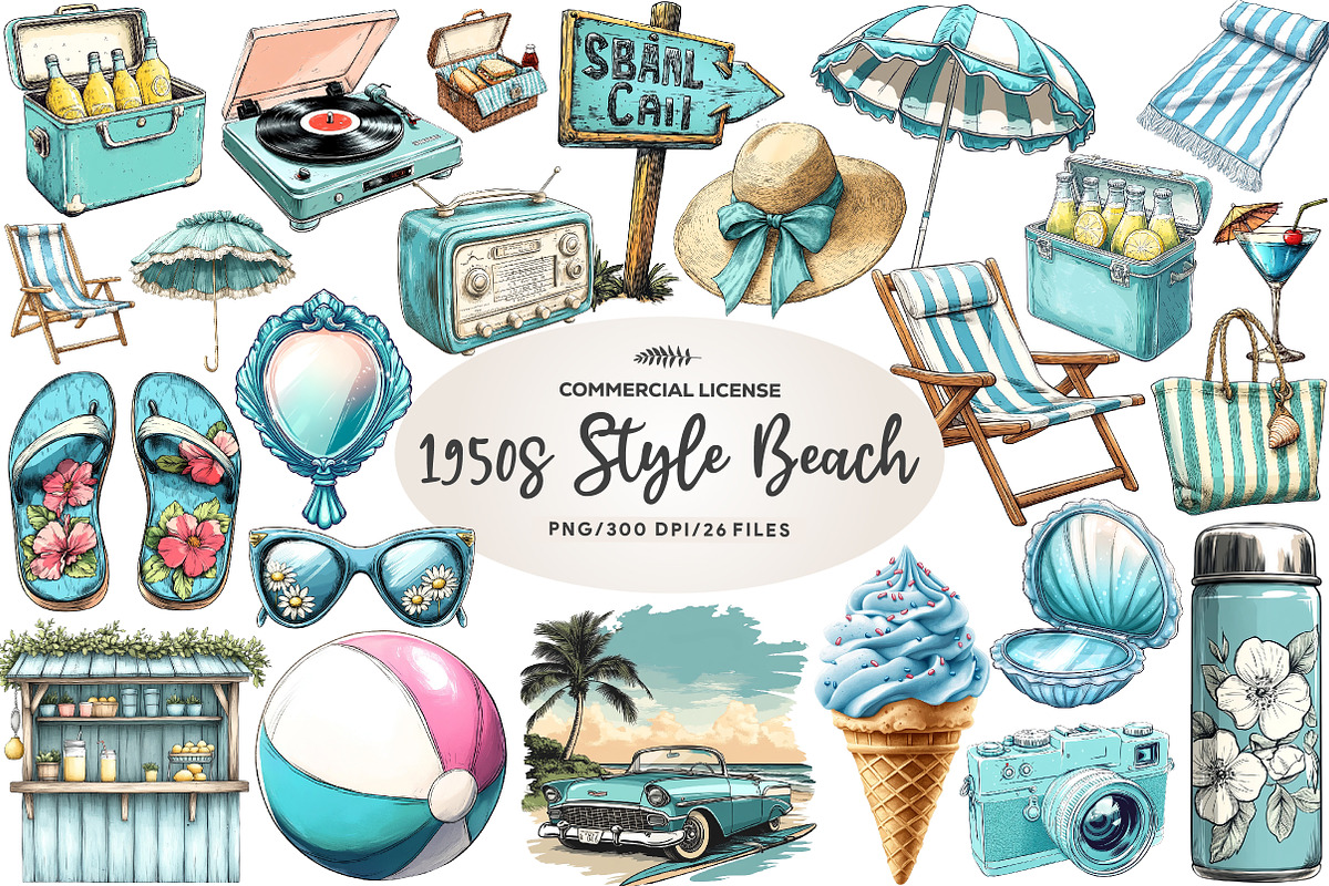 1950s Style Beach Day Clipart, an Illustration by CreationArt (Photo 1 of 5)