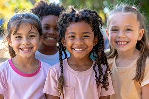 Group of diverse children smiling at the camera outdoors, a Person Photo by DanFLCreativo
