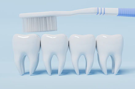 Teeth brushing by toothbrush on blue background. Health care and medical concep, a Health & Medical Photo by Ministocker