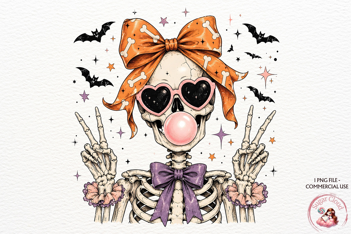 Halloween Skeleton PNG Coquette Bow, a Seasonal Illustration by SugarCloudStudioArt (Photo 1 of 6)