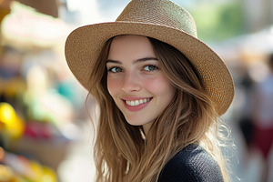 Young beautiful woman in panama hat walking on street market, a Photo by AlyaAnd