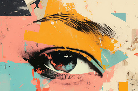 An abstract artwork featuring a close-up of an eye, surrounded by colorful geom, a Wallpaper Graphic by Textures & Backgrounds