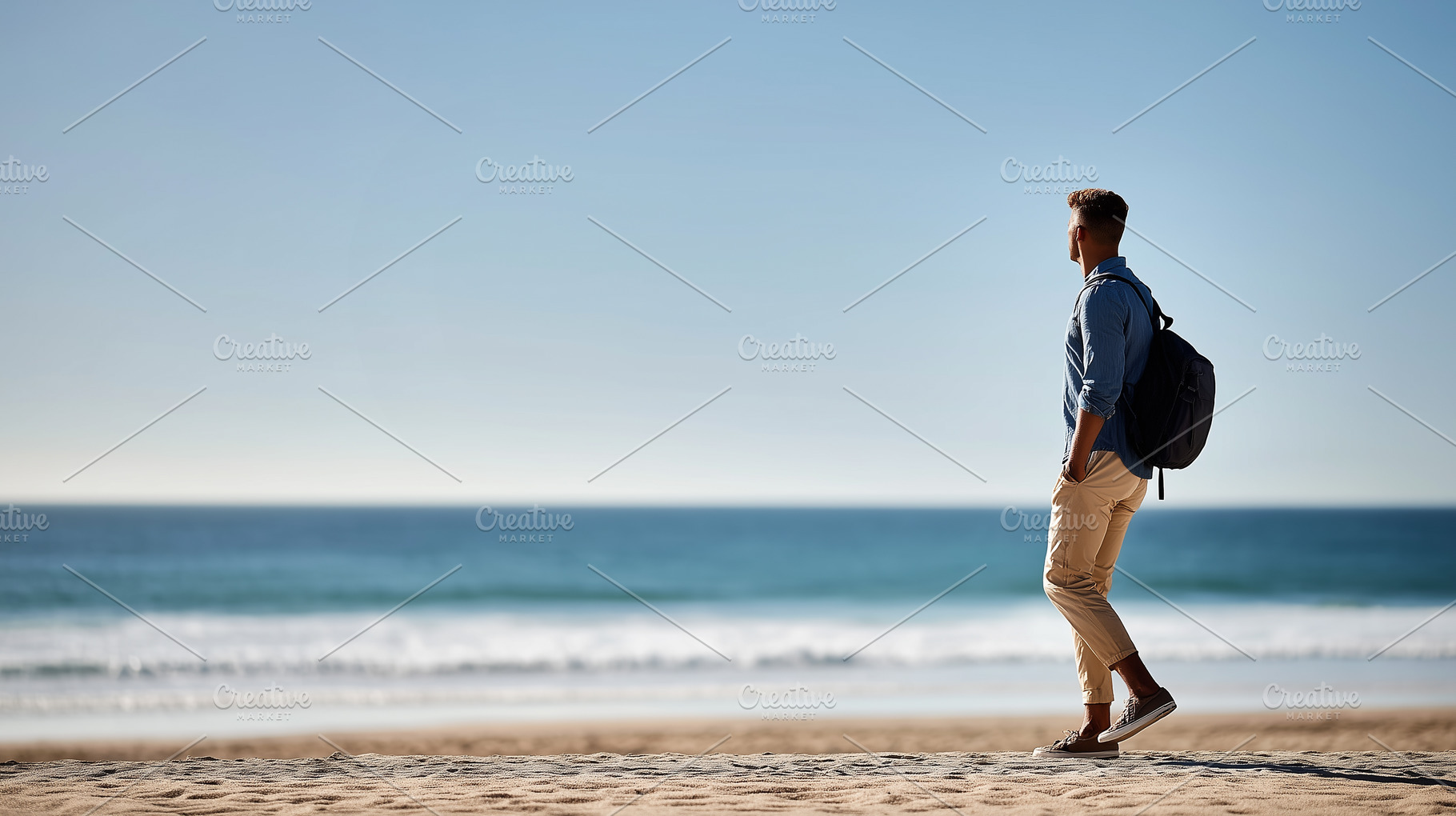 Young man with a backpack standing, a Person Photo by MistyDay