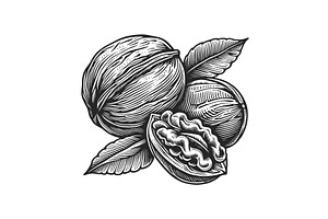 Walnut And Leaves Illustration