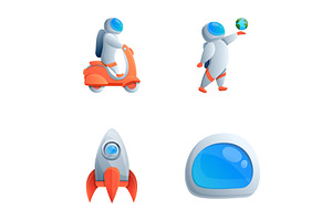 Cartoon Astronaut Icons Set Cartoon