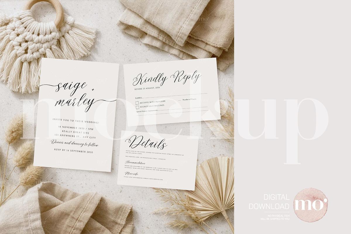Boho 3-Piece Invitation Suite Mockup, a Mockup by MoMockups (Photo 4 of 4)