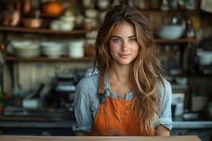 Young woman serves fresh coffee in c, a Photo by Tanuart