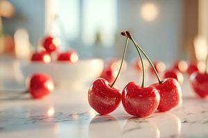 Fresh red cherries scattered across a bright white kitchen countertop in the mo, a Food & Drink Photo by AlyaAnd