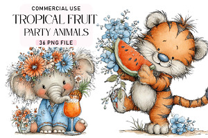 Tropical Fruit Party Animals Clipart, a Seasonal Illustration by Daily.Designs