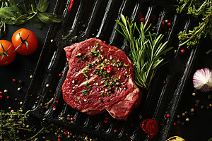 Perfectly seasoned steak grilling with fresh herbs and vibrant vegetables for a, a Food & Drink Photo by AlyaAnd
