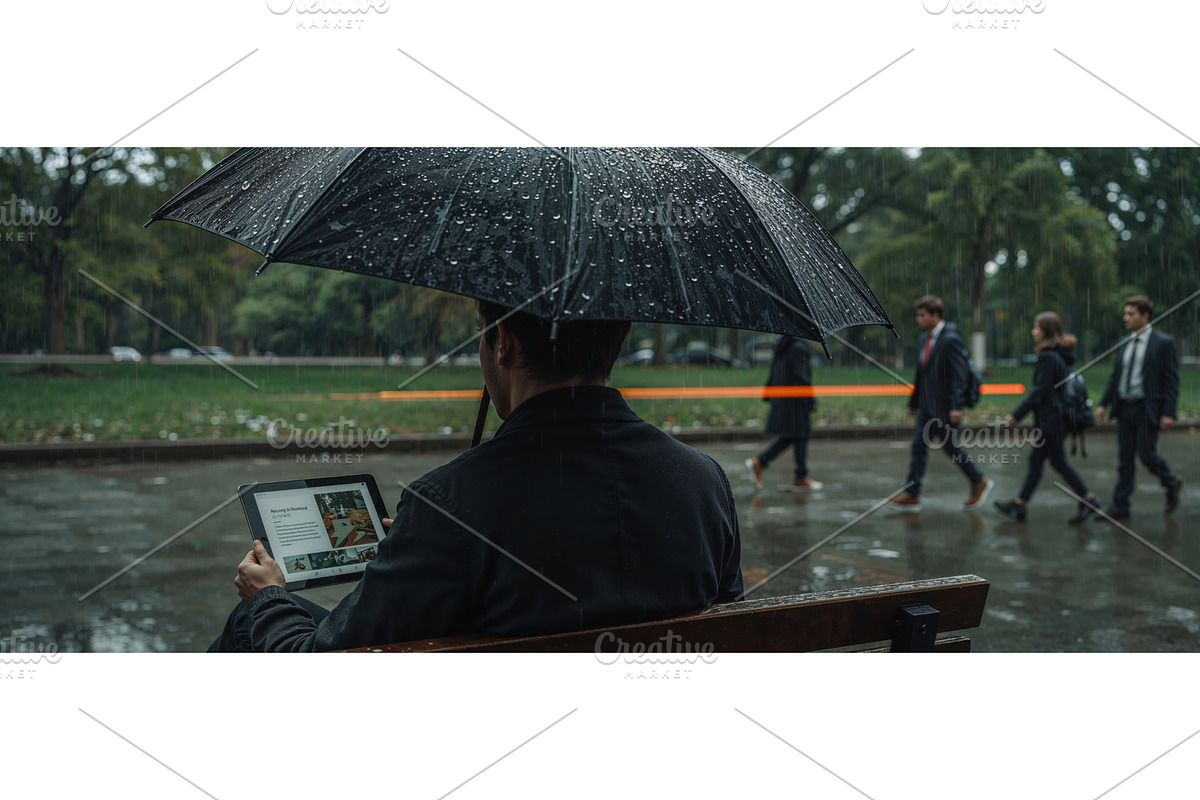 Man sitting on a bench under a black, an Illustration by tilialucida