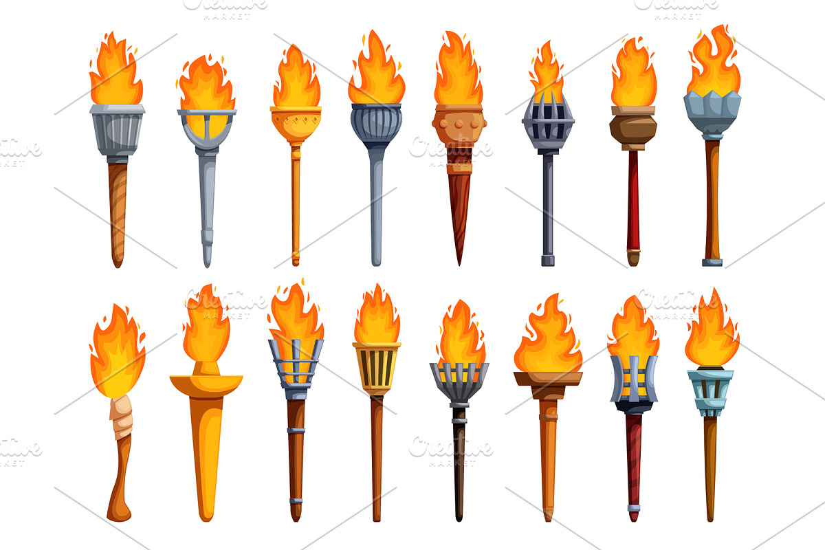 Cartoon torch game assets. Medieval, an Illustration by Valerie Bodnar