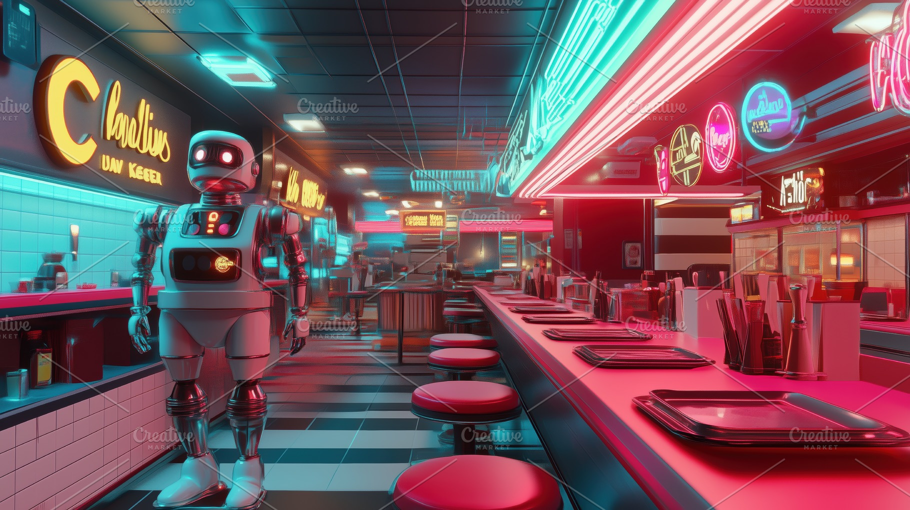 A futuristic diner scene featuring a robot standing at the counter. The diner i, an Arts & Entertainment Photo by Textures & Backgrounds