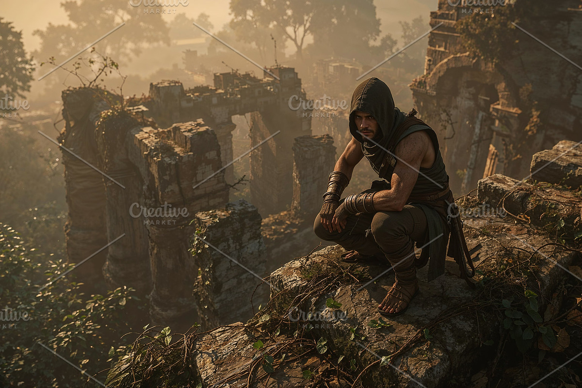 Crouching hooded adventurer, an Illustration by wavebreak