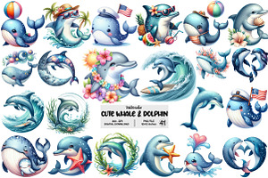 Cute Whale and Dolphin Clipart, an Illustration by Pixels.Craft