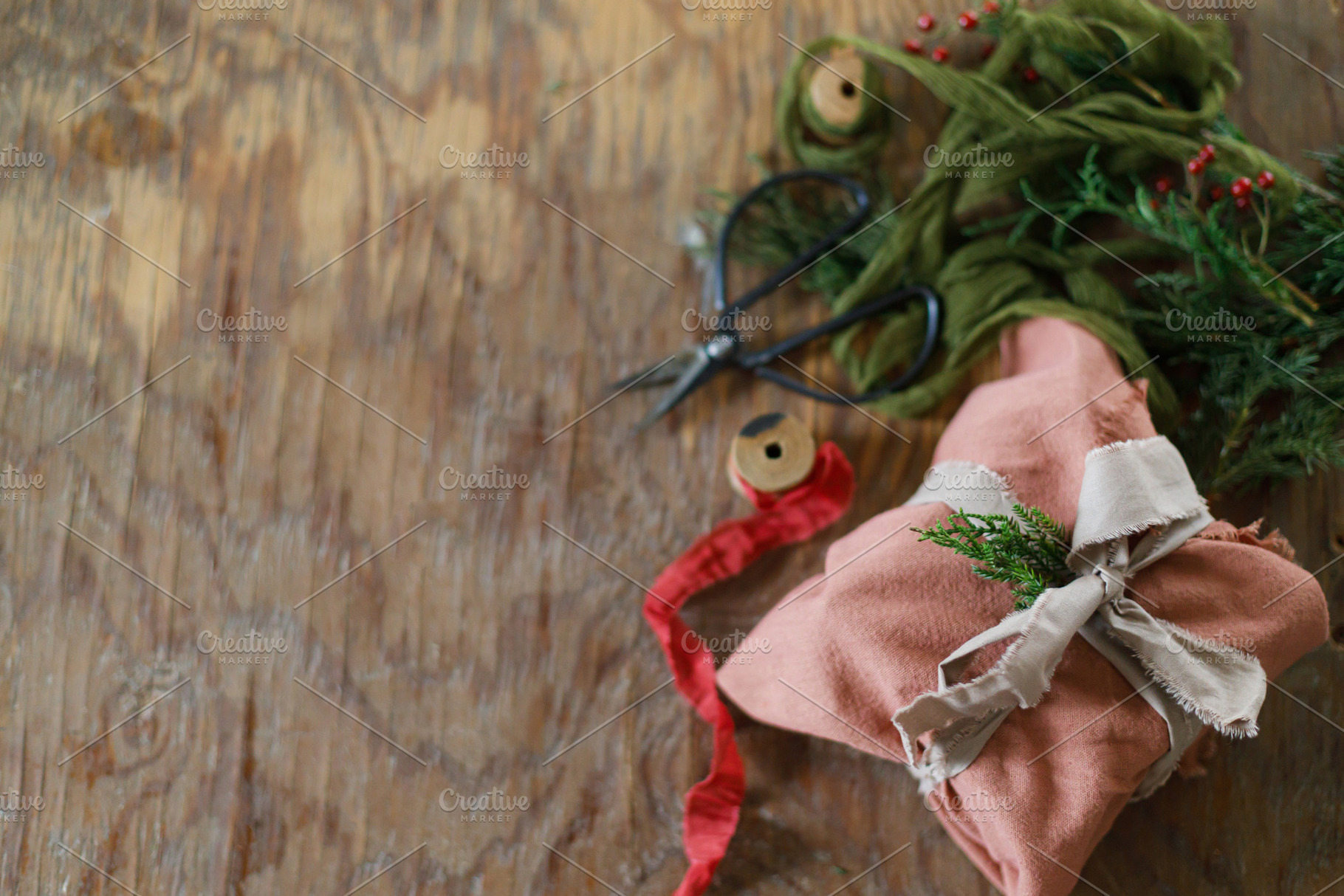 Zero waste christmas gift flat lay. Stylish christmas present wr, a Holiday Photo by Sonjachni