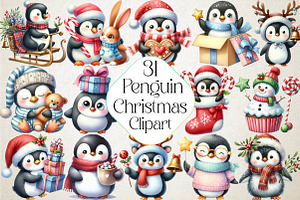 Winter Penguin Christmas Clipart, an Illustration by DreamPrint404