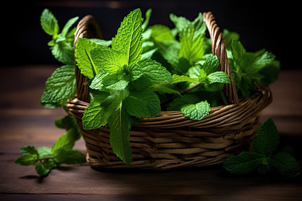 Fresh organic mint leafs in basket on brown wooden background, a Food & Drink Photo by AlyaAnd