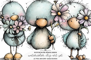 Watercolor Spring Birds Clipart, an Illustration by GatewayDesign