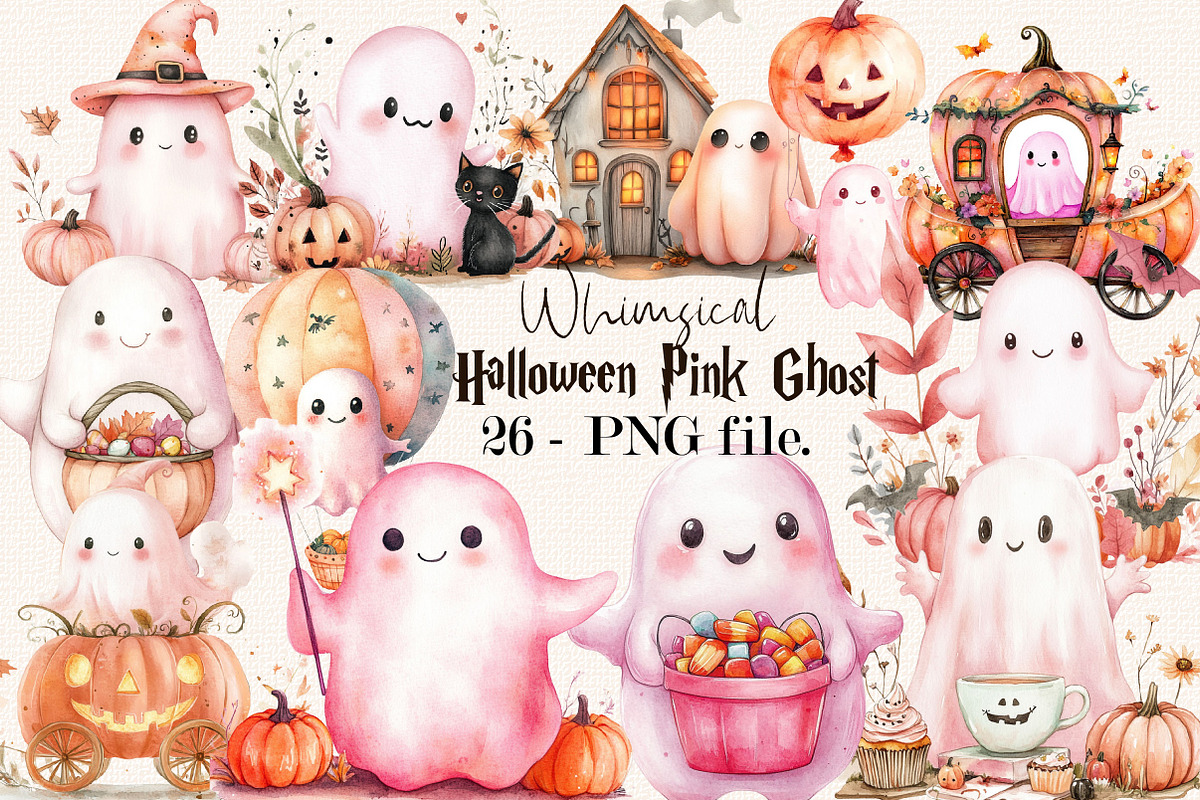 Whimsical Halloween Pink Ghost, a Seasonal Illustration by SVGArt (Photo 1 of 5)