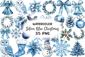 Watercolor Silver Blue Christmas, an Illustration by CraftArtStudio