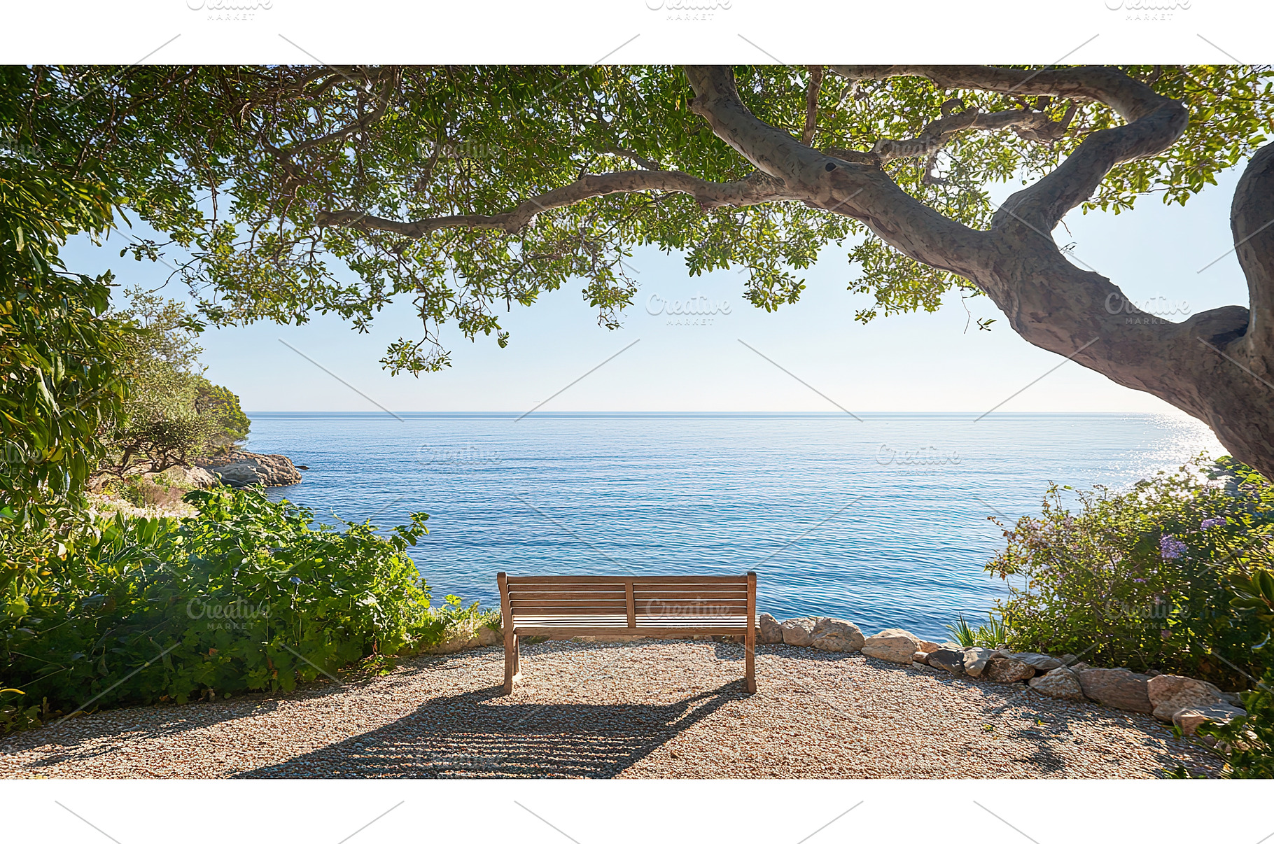 Serene ocean view from bench under, a Nature Photo by Lermont51