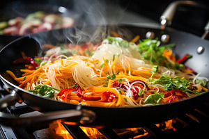 Cooking fresh vegetables and noodles in pan, a Food & Drink Photo by AlyaAnd
