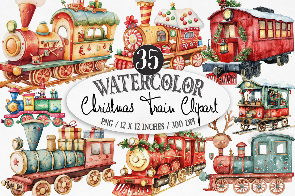 Watercolor Christmas Train Clipart, an Illustration by Designking (Photo 1 of 4)