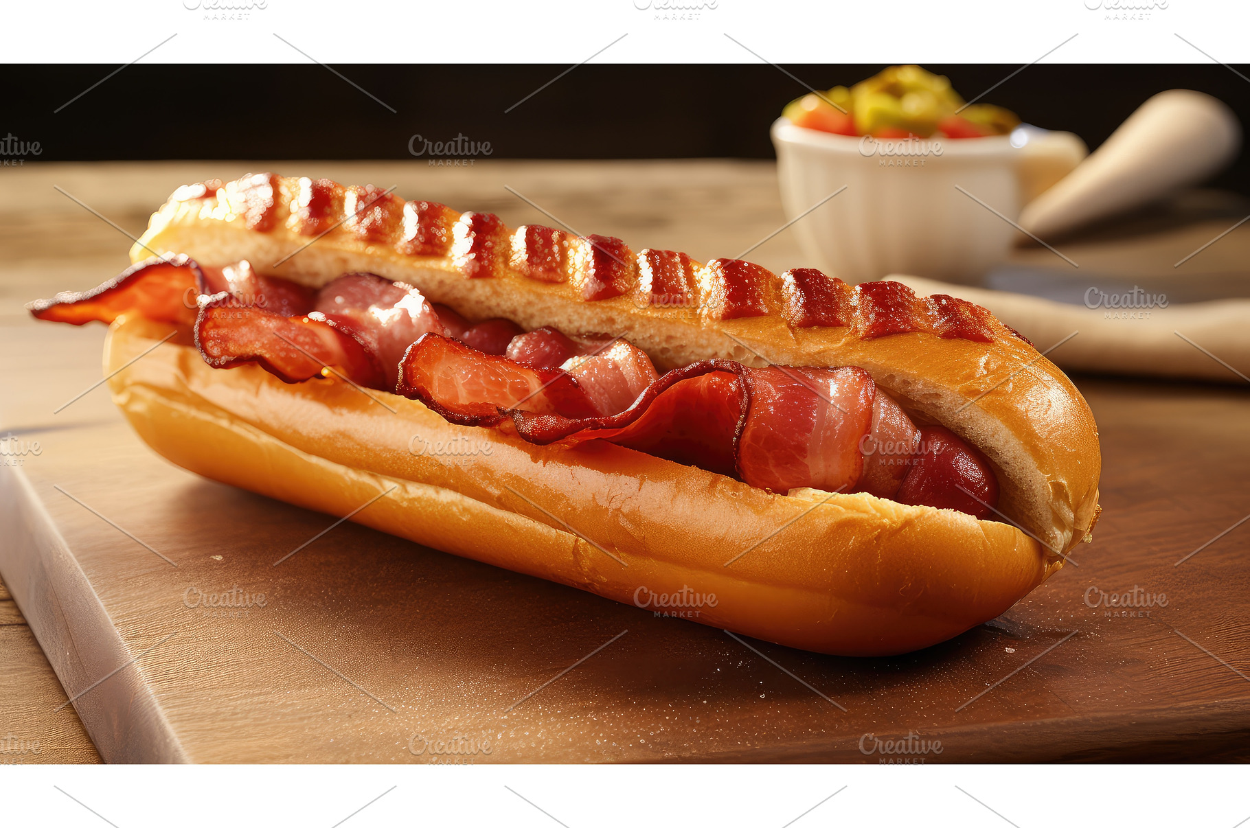 delicious bacon wrapped hot dog ai, a Food & Drink Photo by pikepicture