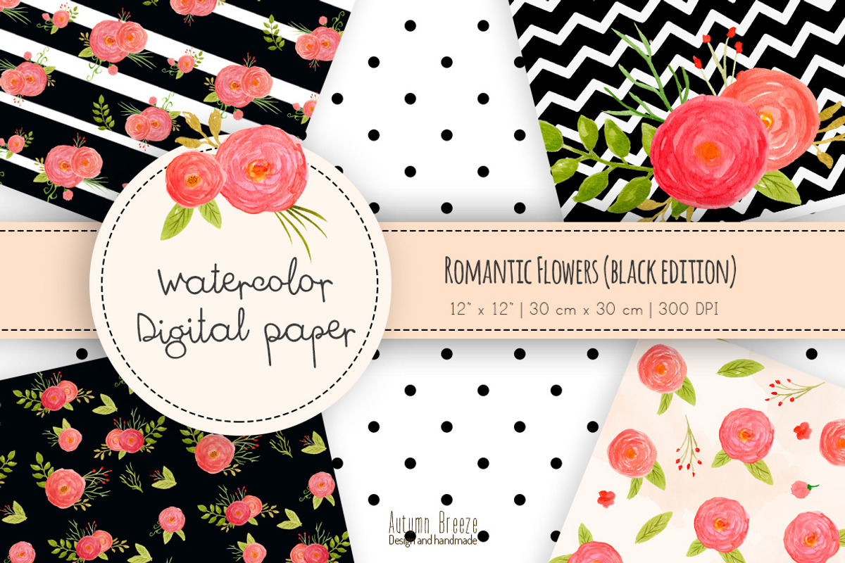 Romantic flowers digital paper black, a Pattern Graphic by Autumn Breeze (Photo 3 of 3)