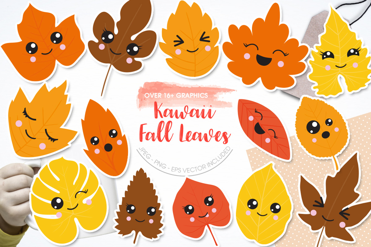 Kawaii Fall Leaves, an Illustration by PrettyBundles (Photo 1 of 5)