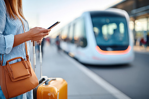 Woman waiting for train at station with smartphone, a Transportation Photo by AlyaAnd