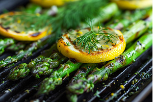 Grilled asparagus and lemon slices, a Food & Drink Photo by Lermont51