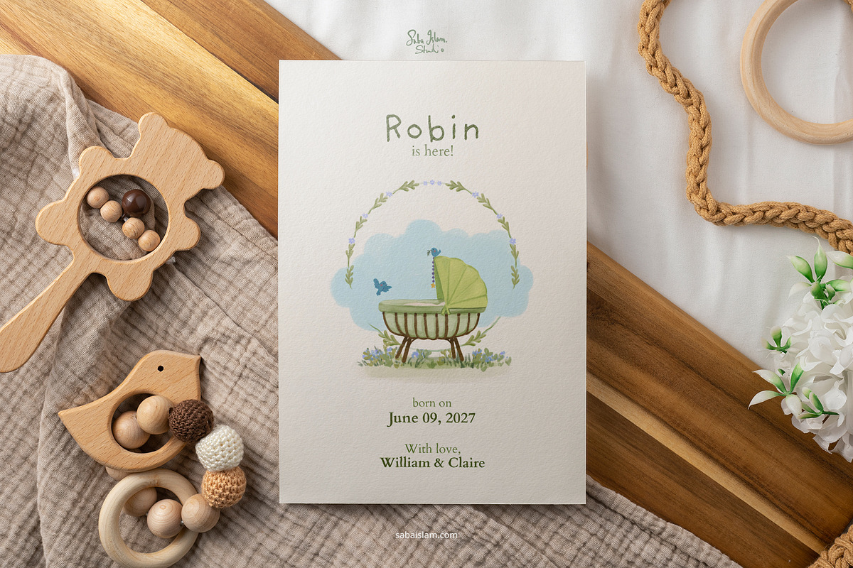 Whimsical Green Birth Announcement, a Card Template by SabaIslam.Studio (Photo 5 of 7)