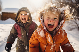 Two happy children playing in snow, a Person Photo by Ylivdesign