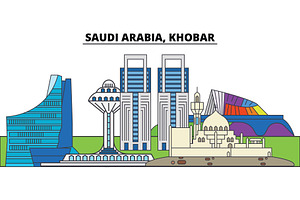 Saudi Arabia, Khobar. City Skyline, Architecture, Buildings, Streets, Silhouette, Landscape, Panorama, Landmarks. Editable Strokes. Flat Design Line V