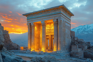 Ancient stone structure illuminated, a Photo by Tanuart