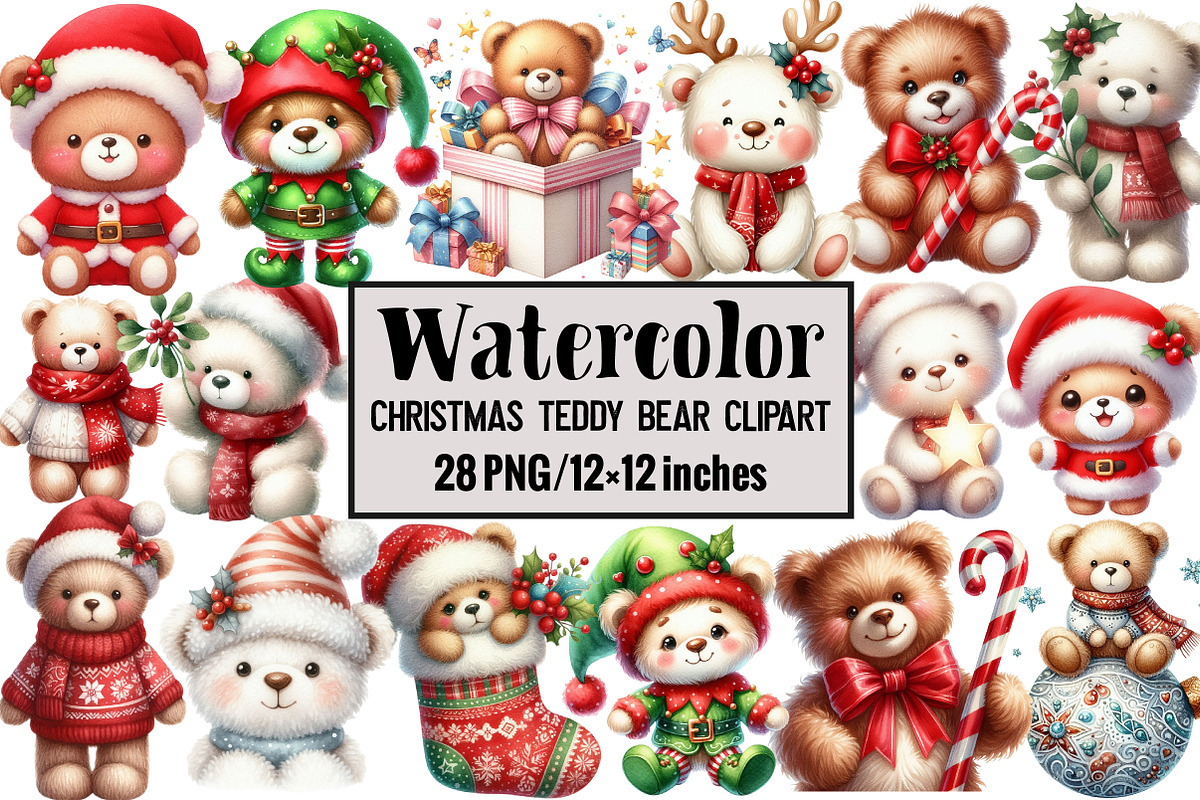 Christmas Teddy Bear Clipart, an Illustration by Design Market (Photo 1 of 5)