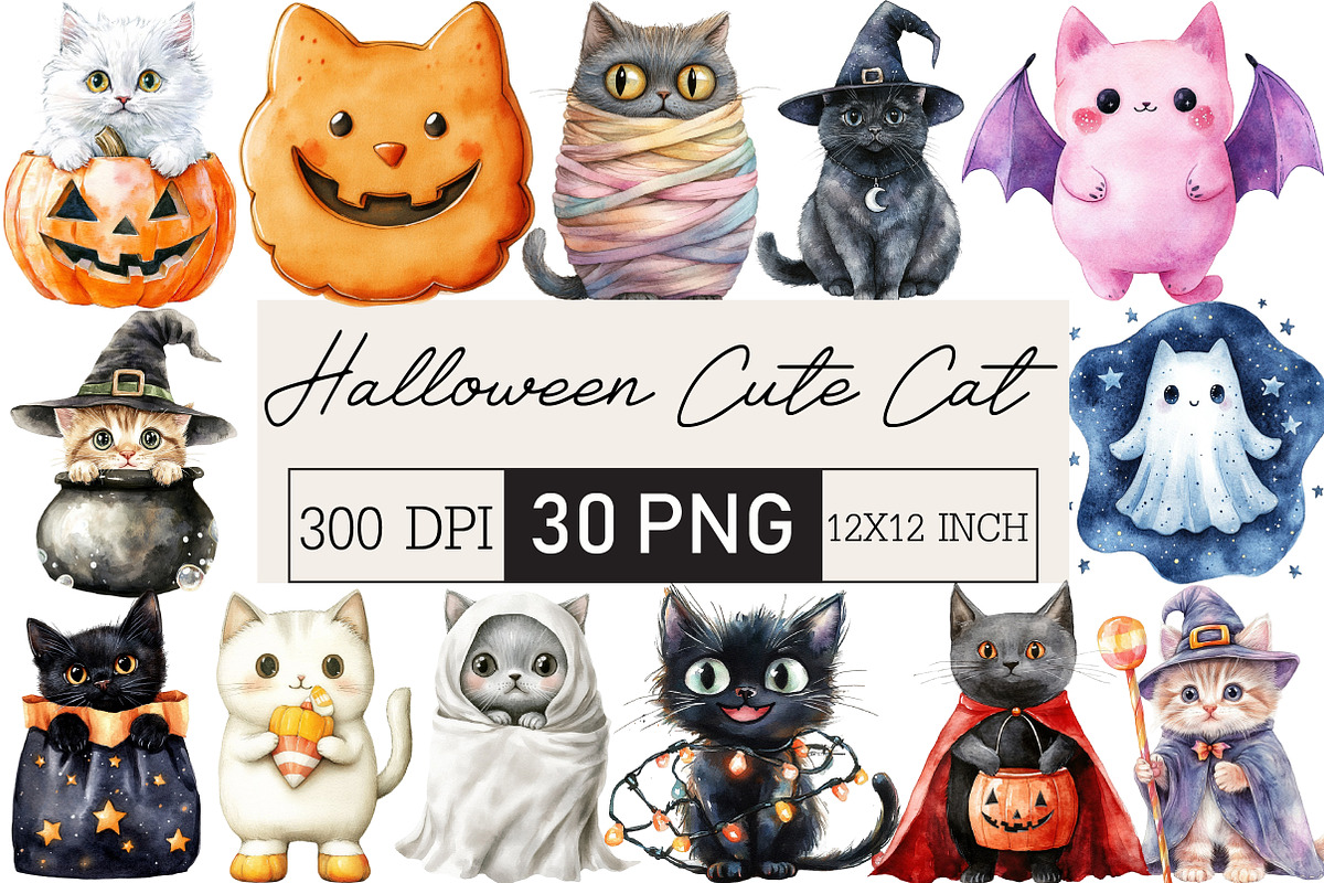 Halloween Cute Cat Clipart, an Illustration by Black Bird Studio (Photo 1 of 6)