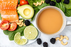Keto diet ingredients with salmon, a, a Photo by Dvoevnore photos