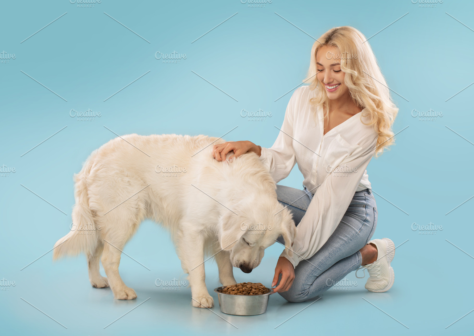 Loving lady petting and feeding her cute golden retriever dog, posing over blue, a Photo by Prostock-Studio