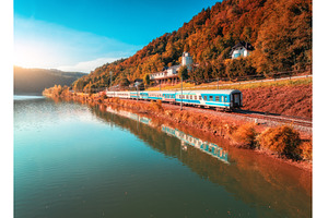 Aerial view of red freight train, a Transportation Photo by den-belitsky